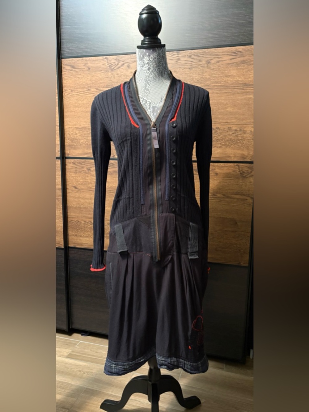 Desigual Black Long Sleeve Ribbed Zip Dress with Red Trim